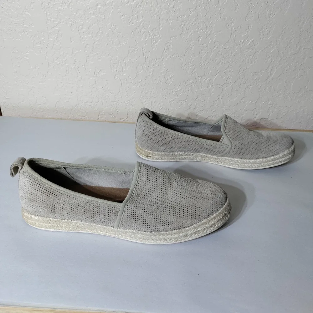 Clarks Cloudsteppers Grey Perforated Suede Espadrille Slip On Loafers Womens 9.5